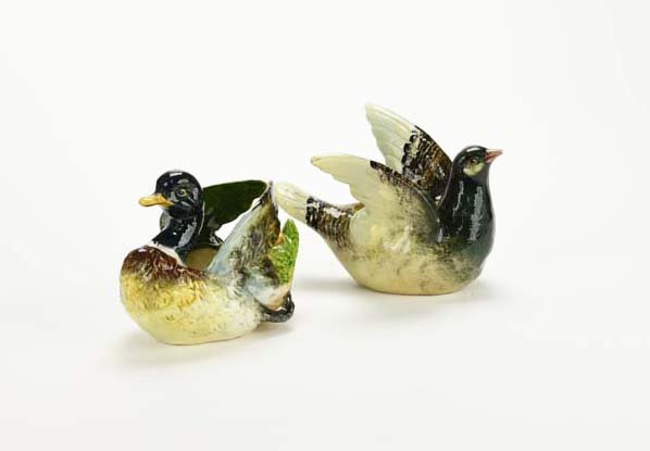 A Delphin Massier Majolica ‘Pigeon’ Posy Vase and a (1 of 3)