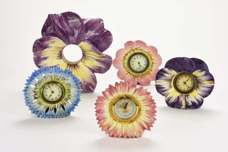 Five Delphin Massier Majolica Floral Clocks c.1880 (1 of 2)