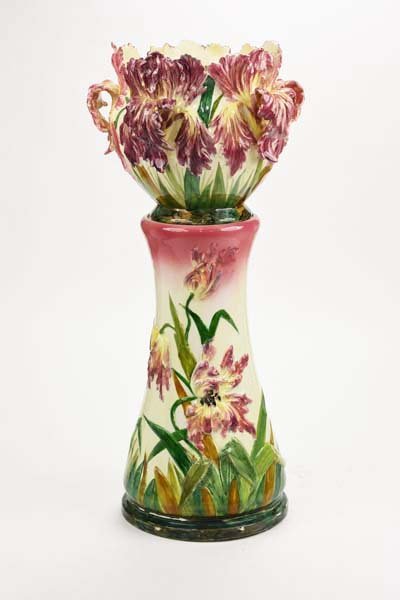 Delphin Massier Majolica "Tulip" Jardiniere: Delphin Massier Majolica "Tulip" Jardiniere on stand c. 1880 Shape no. 1002 & 1533. Modeled as a cream pedestal and cache pot decorated throughout with bright pink tulips and green leaves, the cache p