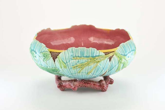 A Rare Victoria Pottery Company Majolica Seafood: A Rare Victoria Pottery Company Majolica Seafood Serving Bowl c.1875. The bowl with pink interior modelled as six upright turquoise scallop shells decorated with seaweed and all supported on a stand o