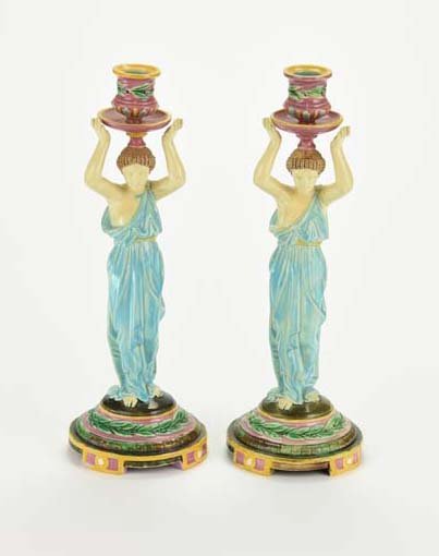 A Pair of George Jones Majolica ‘Caryatid’ Candlesticks (1 of 2)