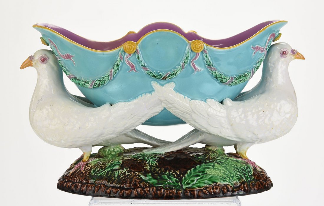A Very Rare and Desirable George Jones Majolica ‘Doves’: A Very Rare and Desirable George Jones Majolica ‘Doves’ Centrepiece c.1875. Modelled as a turquoise blue oval shaped bowl with pink interior, the body decorated with laurel swags bound with pink r