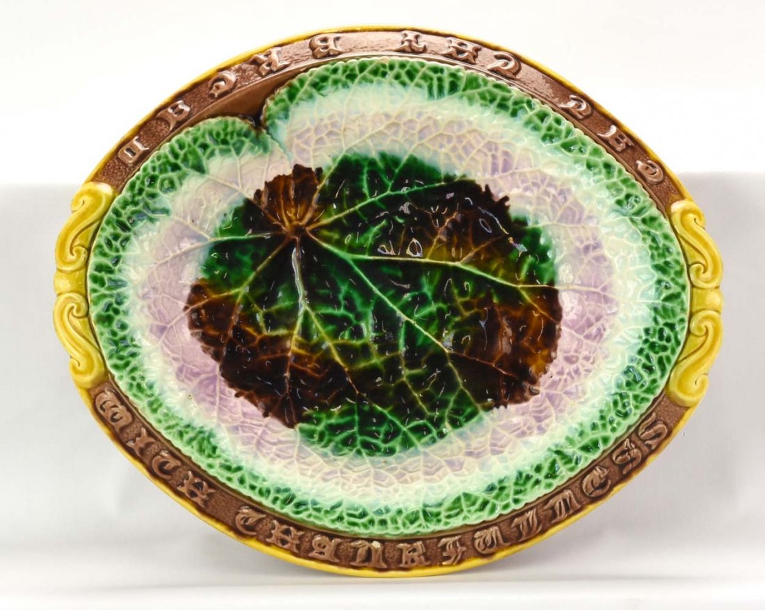 Majolica begonia leaf platter with motto, 13" (1 of 1)