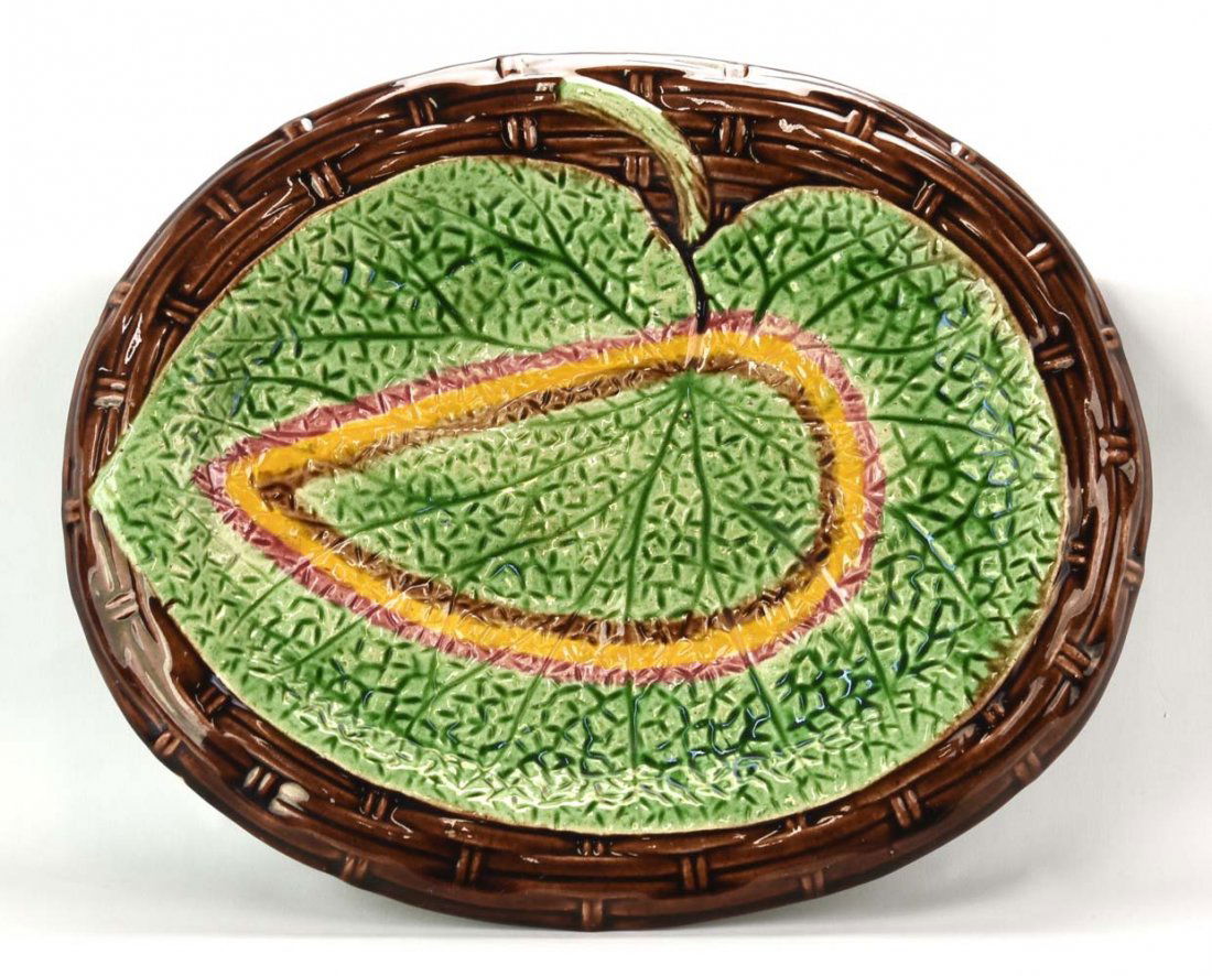 Majolica begonia leaf & wicker platter, 13", rim chip (1 of 1)