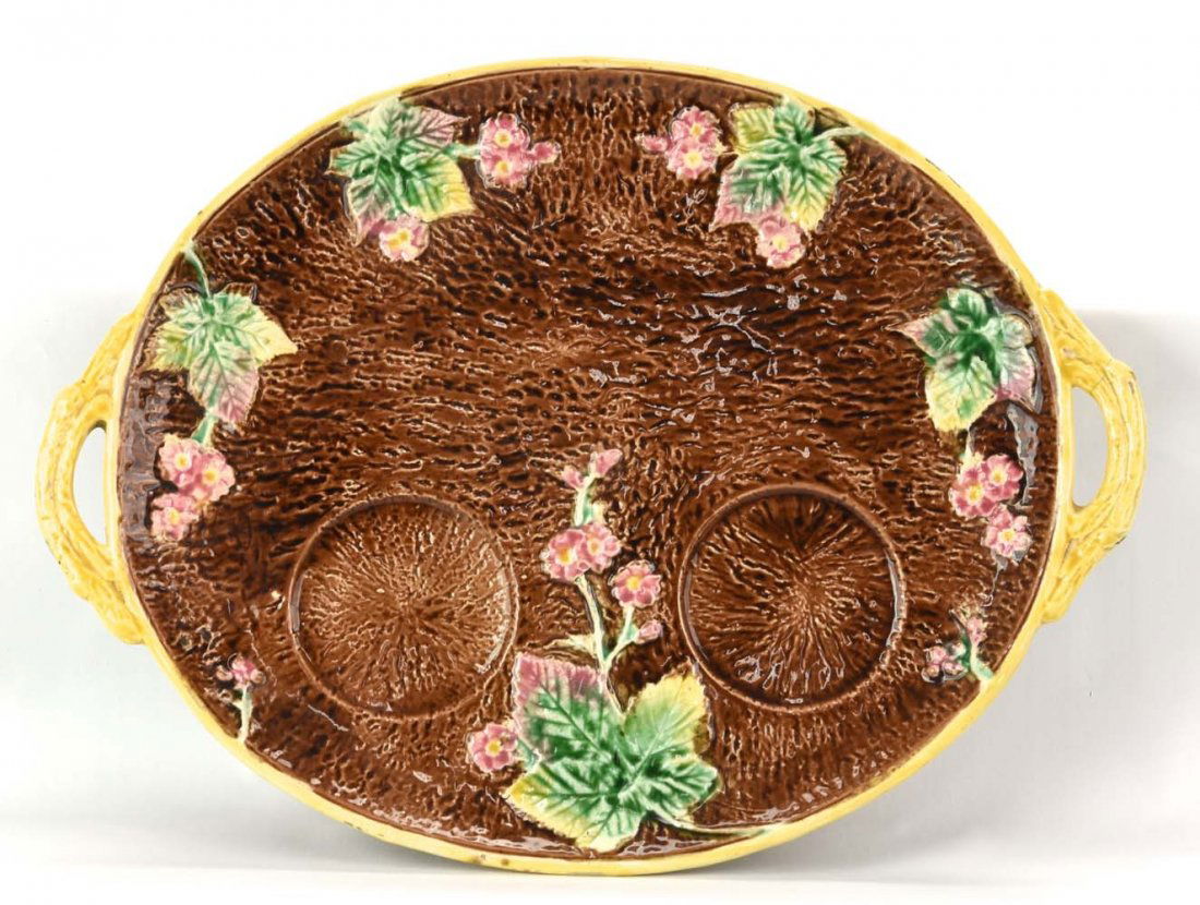 Majolica rustic tray with indentations for saucers 14: Majolica rustic tray with indentations for saucers 14 1/2", hairline to handle