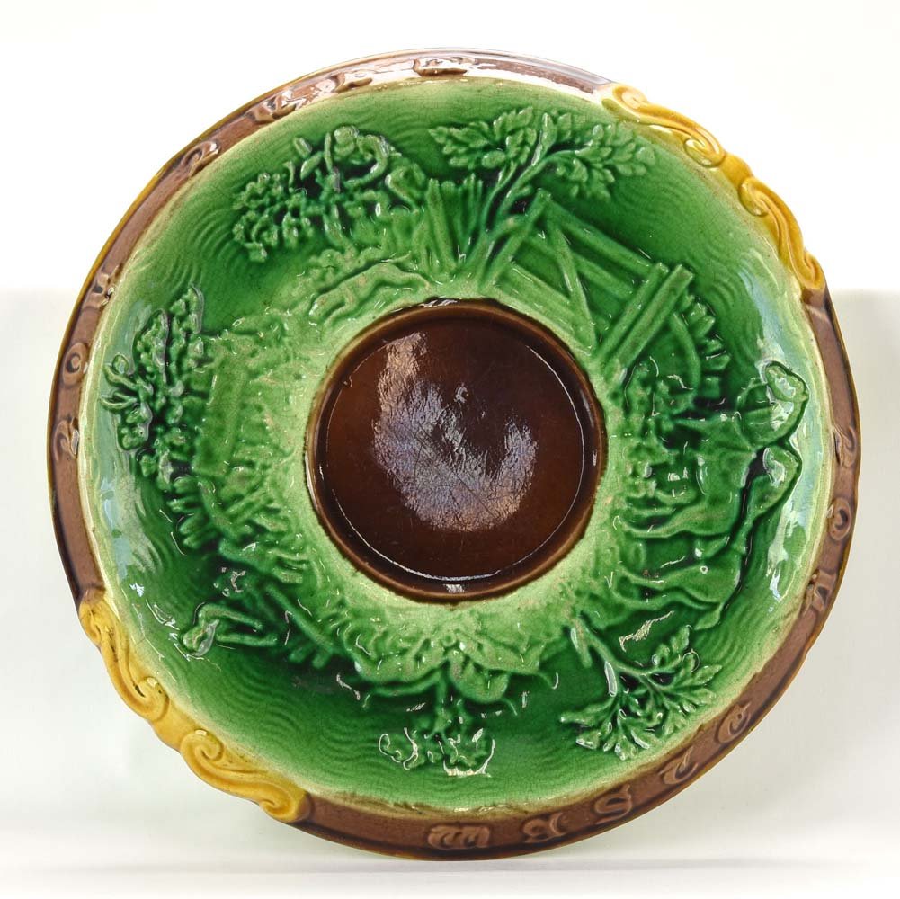 Adams & Bromley barnyard scene tea trivet, rim repair: Adams & Bromley barnyard scene tea trivet, rim repair to back, 11"