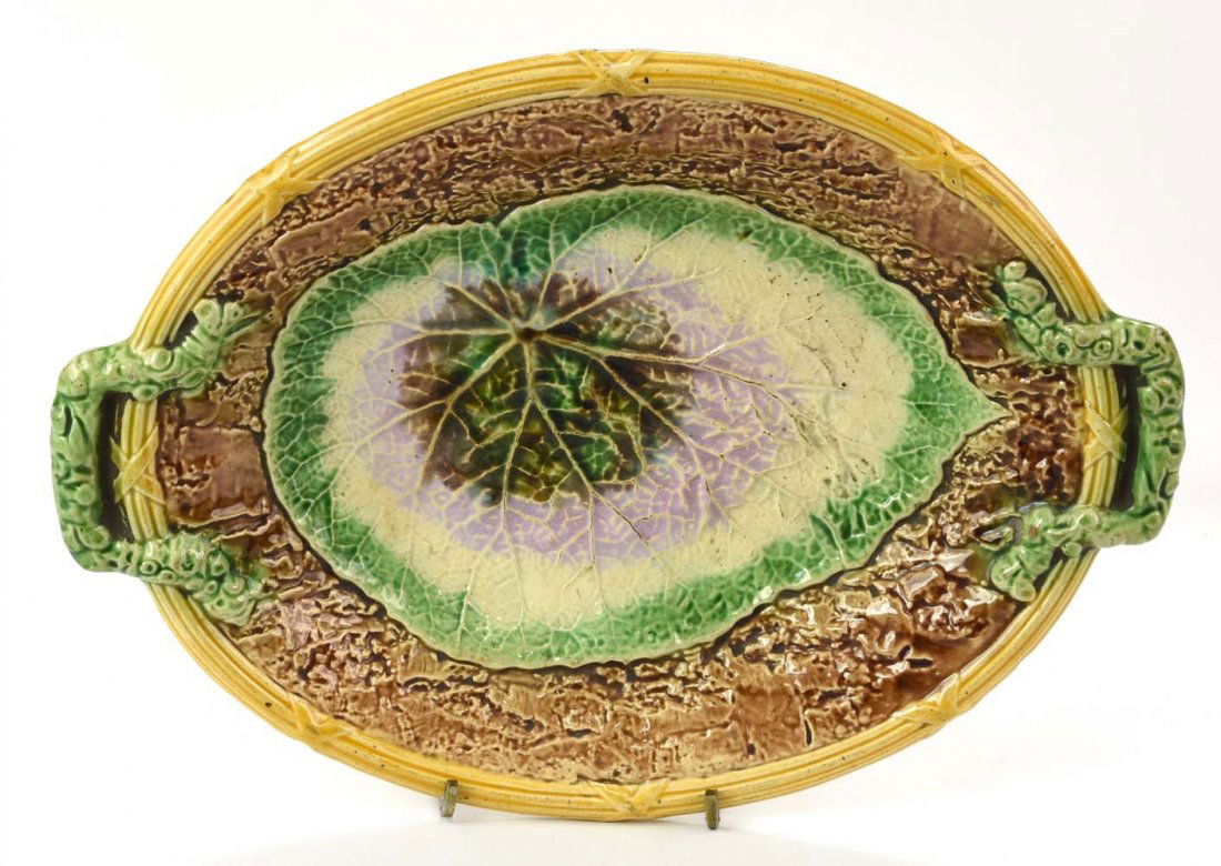 Majolica begonia leaf platter, rim chip to back, 12" (1 of 1)