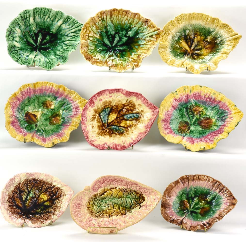 Majolica lot of 9 begonia dishes, various condition (1 of 1)