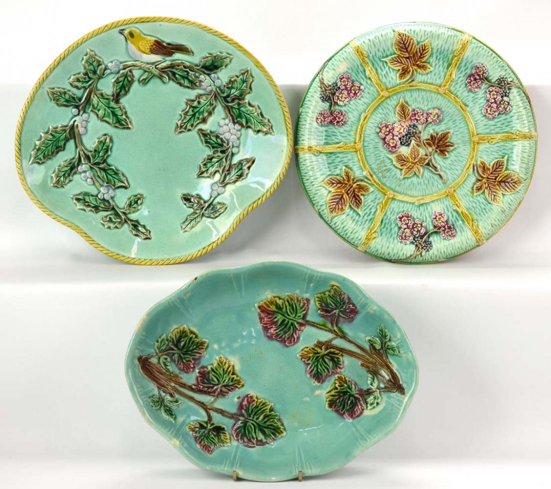 Majolica lot of 3 items - bird and holly tray, celery (1 of 1)