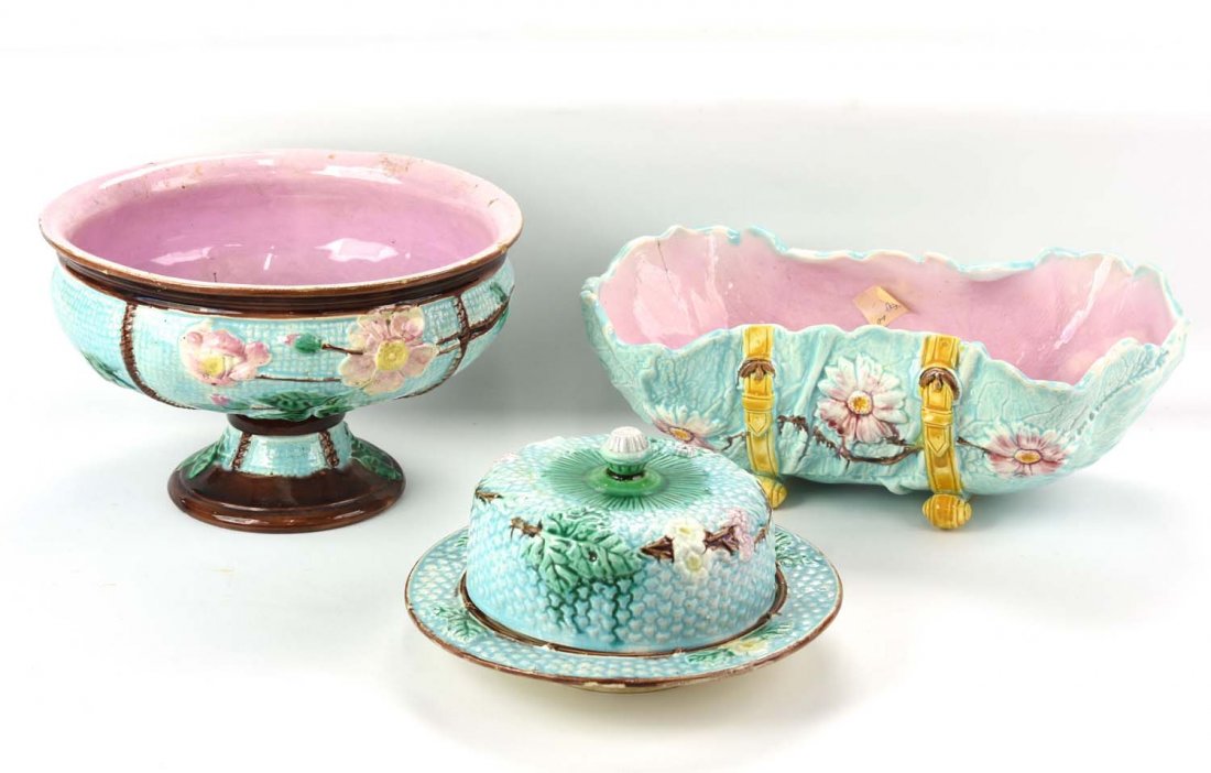 Majolica lot of 3 turquoise items - wild rose compote, (1 of 1)