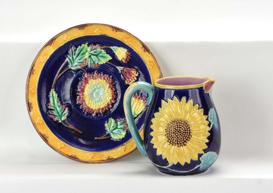 Majolica cobalt sunflower pitcher and aster plate, (1 of 1)
