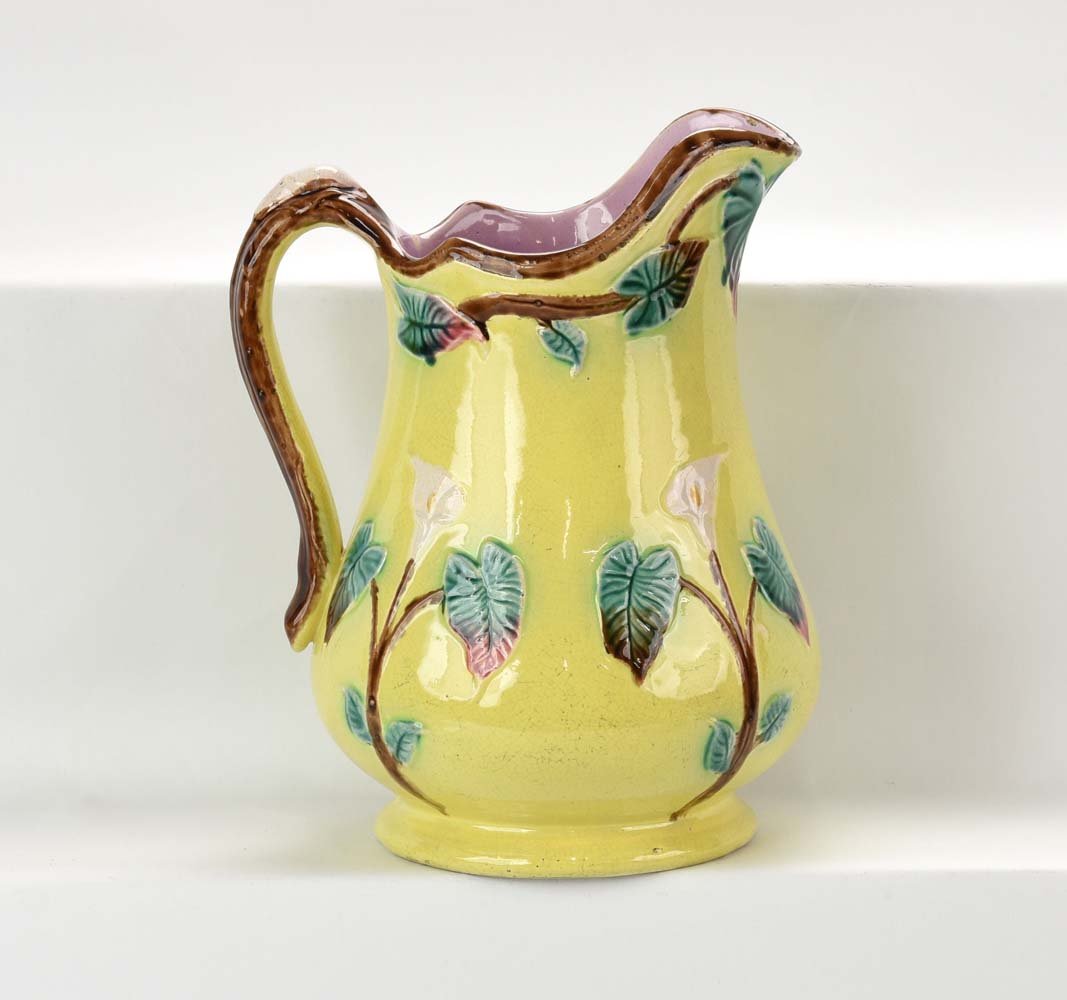Majolica yellow calla lily pitcher, 10", minor rim wear (1 of 1)