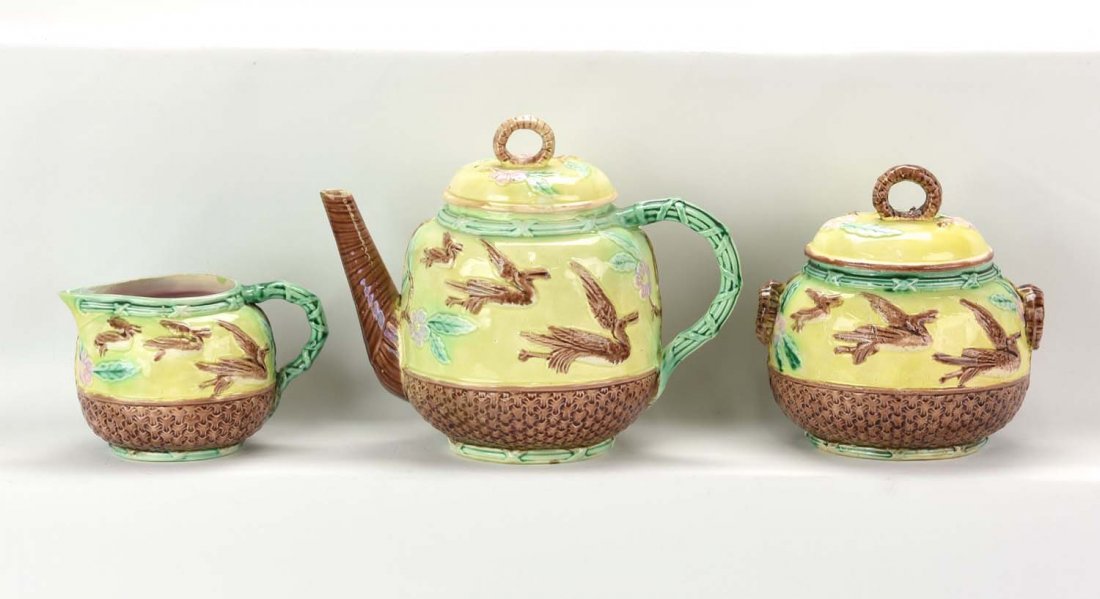 Majolica yellow three piece teaset with flying cranes (1 of 1)