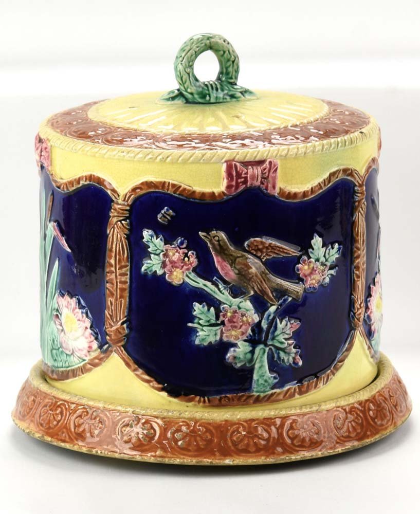 Majolica cobalt cheese keeper with bird and floral (1 of 1)