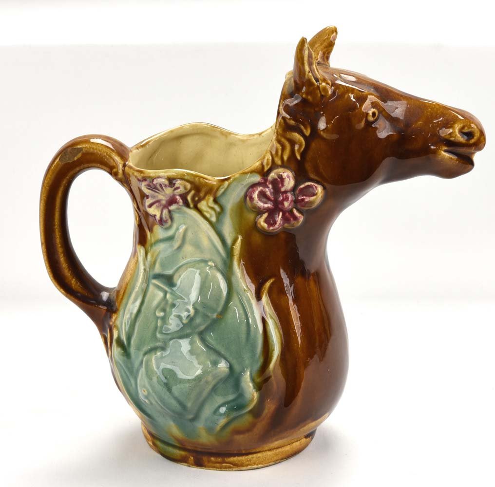 French majolica figural horse and jockey pitcher, chip (1 of 1)