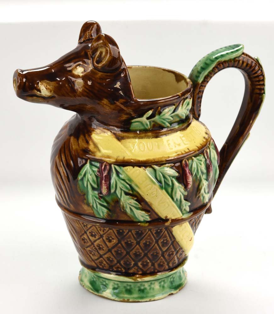 French majolica figural pig pitcher, hairlines and base: French majolica figural pig pitcher, hairlines and base chips, 10"