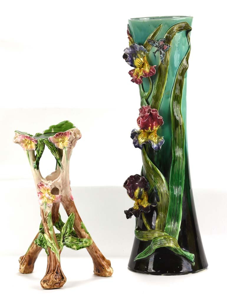 Majolica iris vase and majolica plant stand, losses and: Majolica iris vase and majolica plant stand, losses and repairs, 23" and 14"