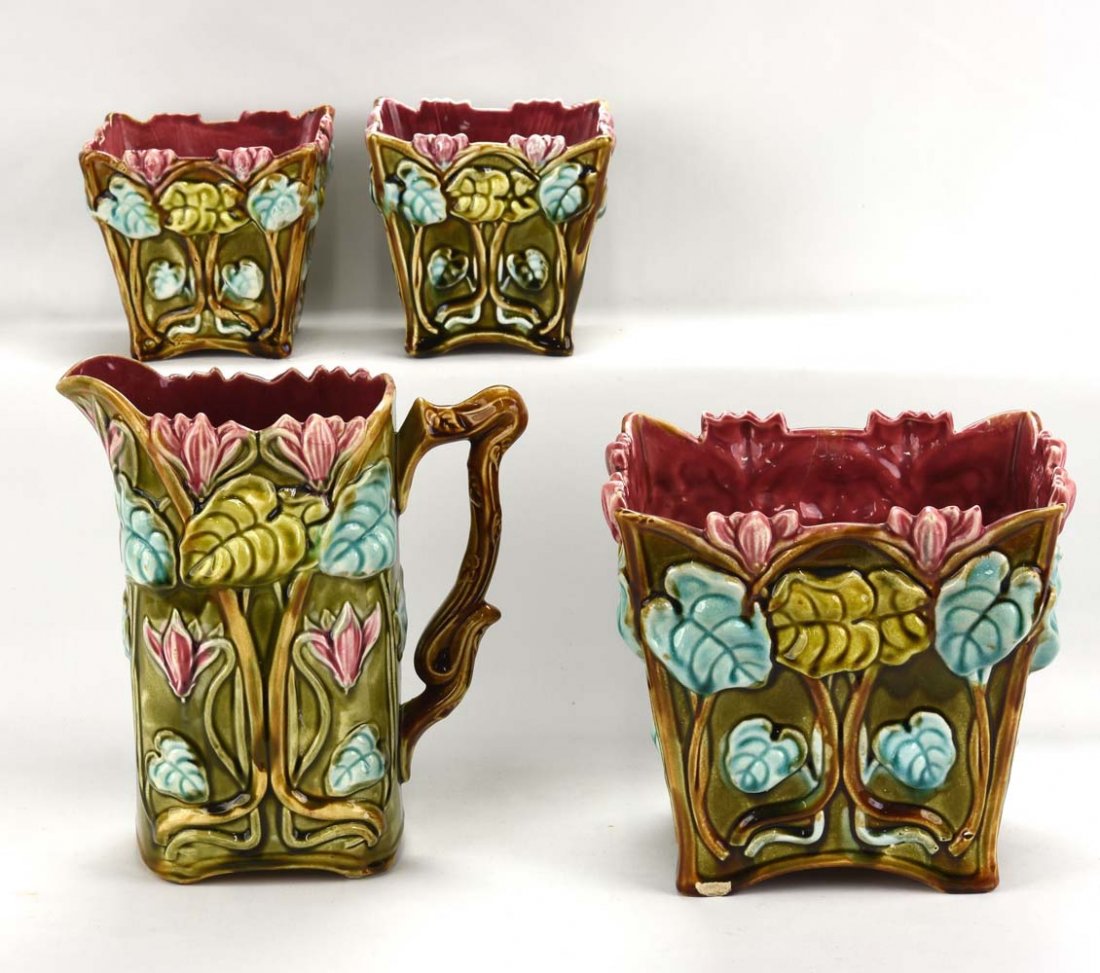 Onnaing French majolica lot of 3 planters and pitcher, (1 of 1)