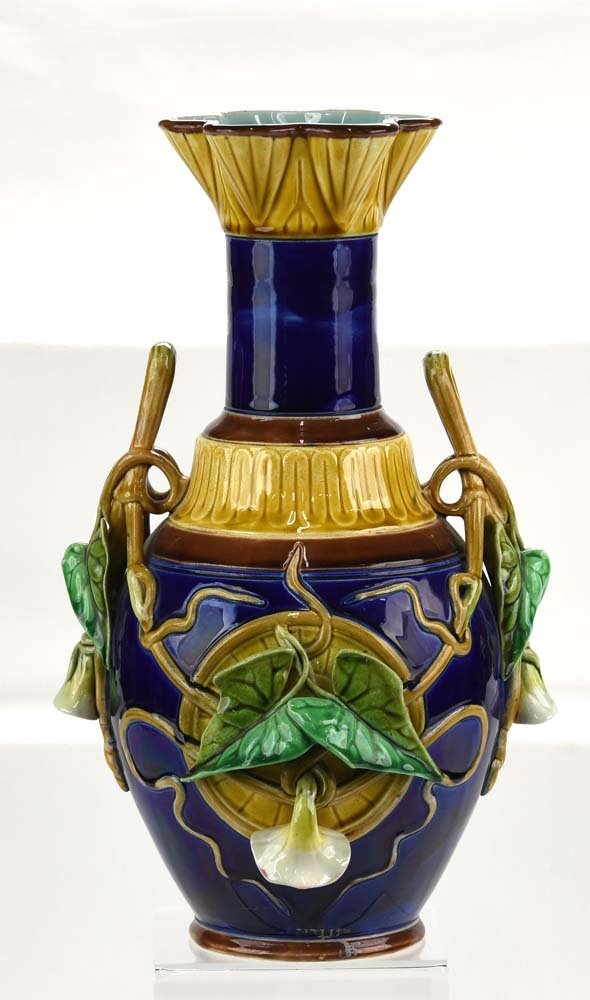 Sarreguemines French majolica cobalt morning glory: Sarreguemines French majolica cobalt morning glory vase, 14", no. 42, professional repair to handles
