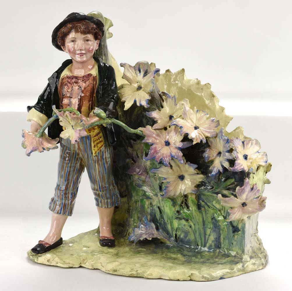 Italian majolica figure of boy with flowers, 15"h, (1 of 2)