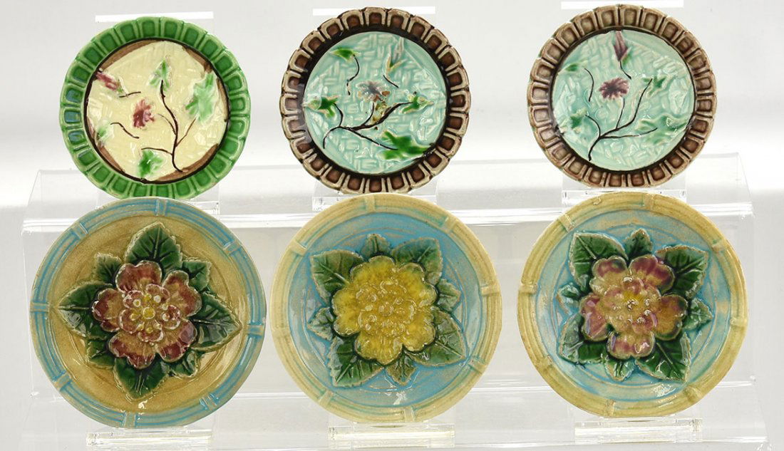 Majolica lot of 6 butterpats, some wear (1 of 1)