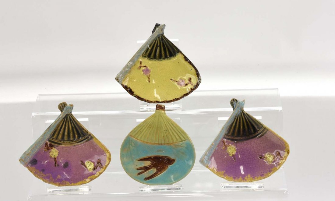 Majolica lot of 4 butter pats, Holdcroft fan with bird (1 of 1)