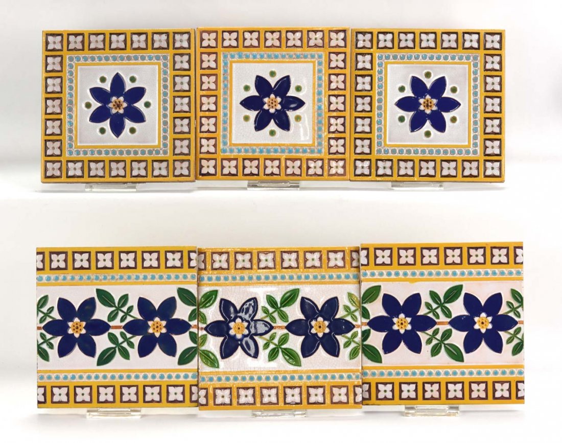 Minton majolica set of 6-6" Gothic tiles: Minton majolica set of 6-6" Gothic tiles