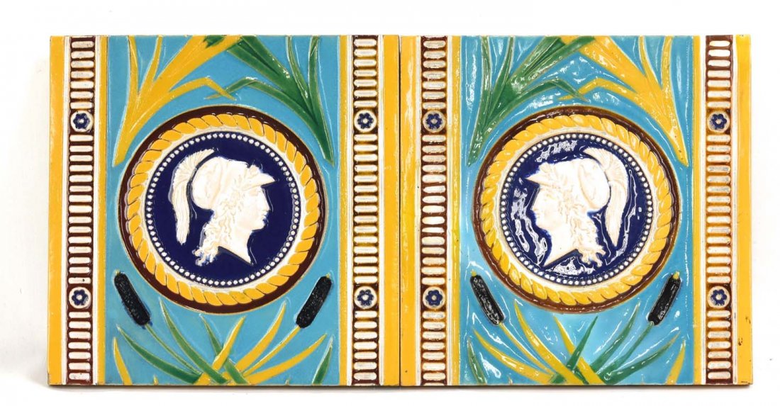 Minton majolica pair of Neo Classical 8" tiles with (1 of 1)