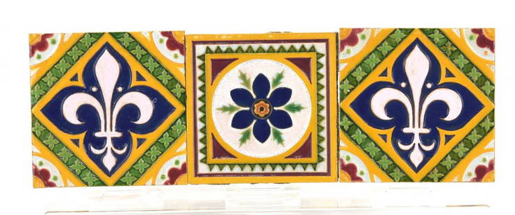 Minton majolica set of 3-4" Fleur-de-lys tiles: Minton majolica set of 3-4" Fleur-de-lys tiles