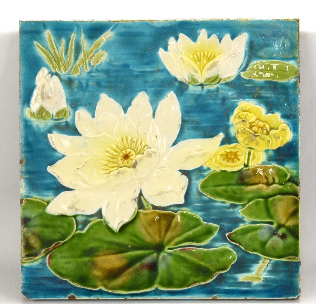 Minton majolica Aesthetic Movement water lily tile, Oct 30, 2015