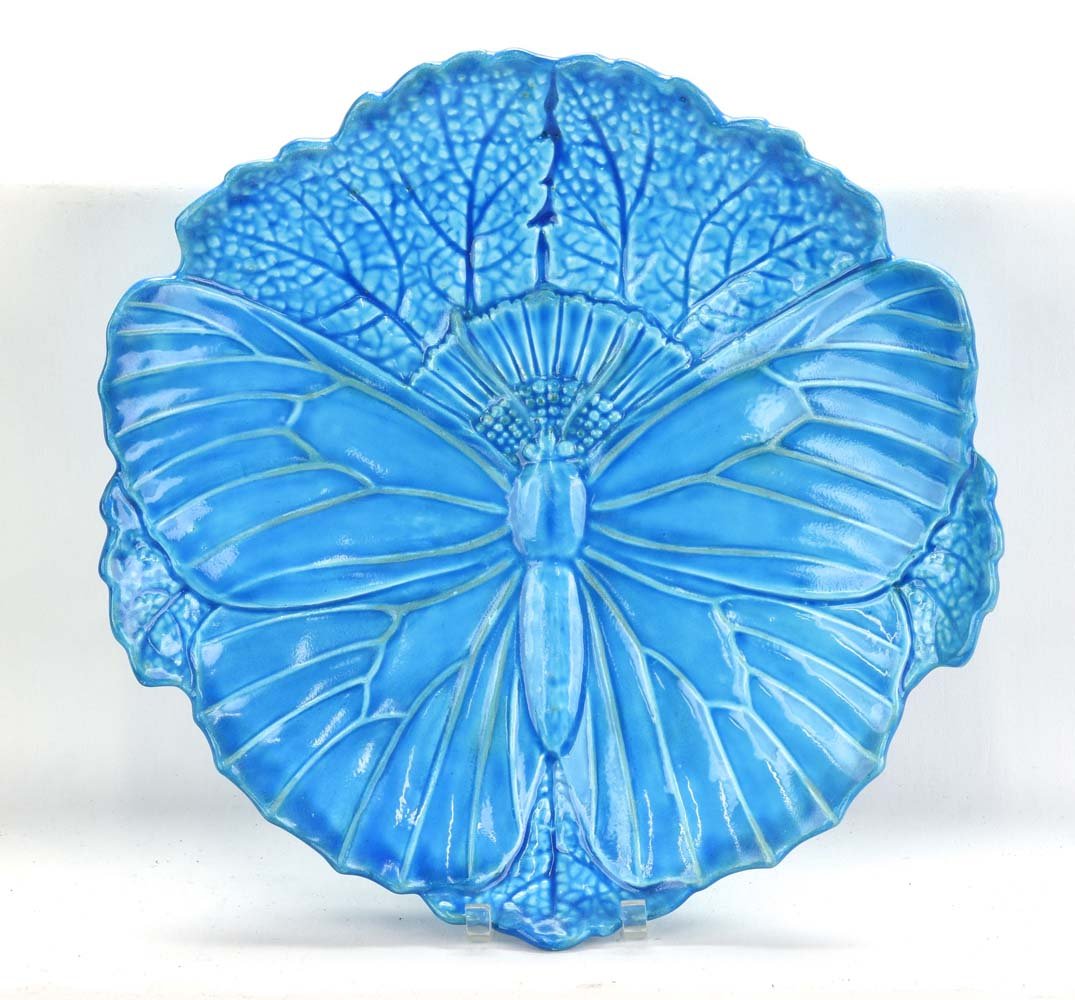 Rare Minton majolica butterfly plate designed by: Rare Minton majolica butterfly plate designed by William Coleman, Aesthetic Movement, 9 1/2", no. 1545