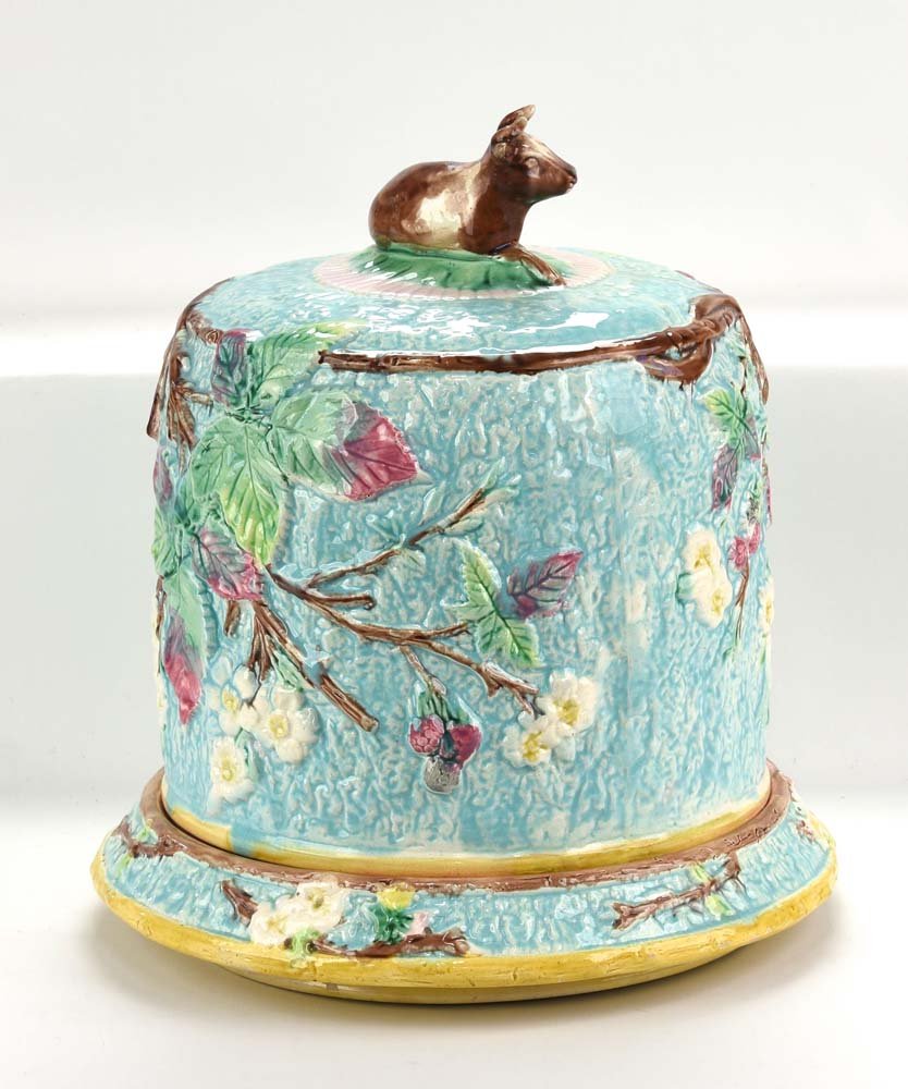 Majolica turquoise cheese keeper with cow finial and (1 of 2)