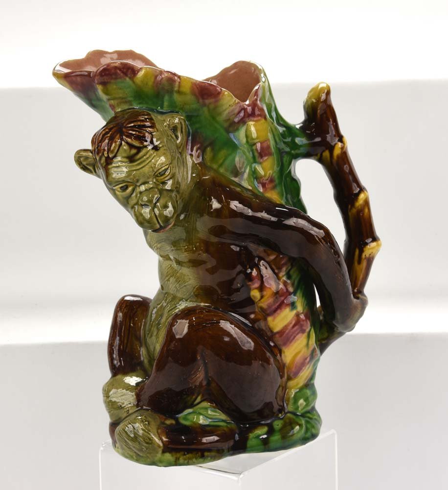 Majolica large monkey pitcher with bamboo handle, 12" (1 of 1)
