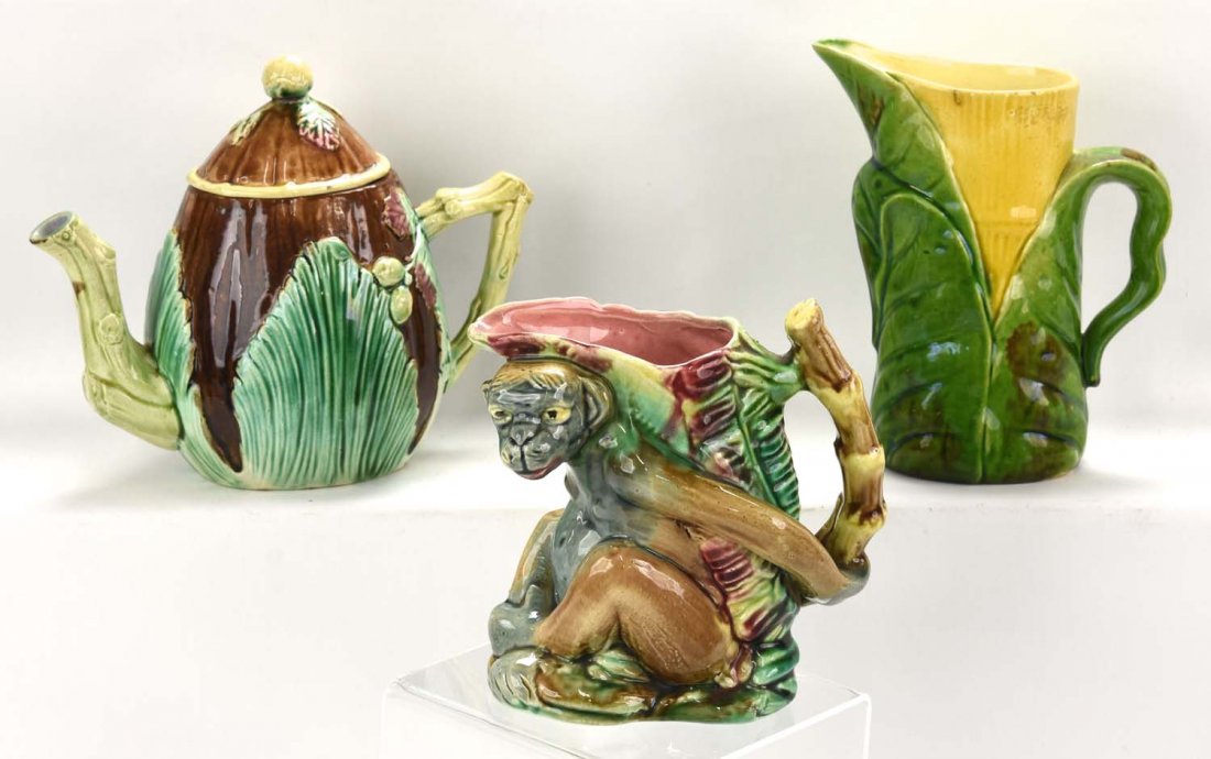 Majolica lot of 3 items - monkey pitcher, leak pitcher (1 of 1)