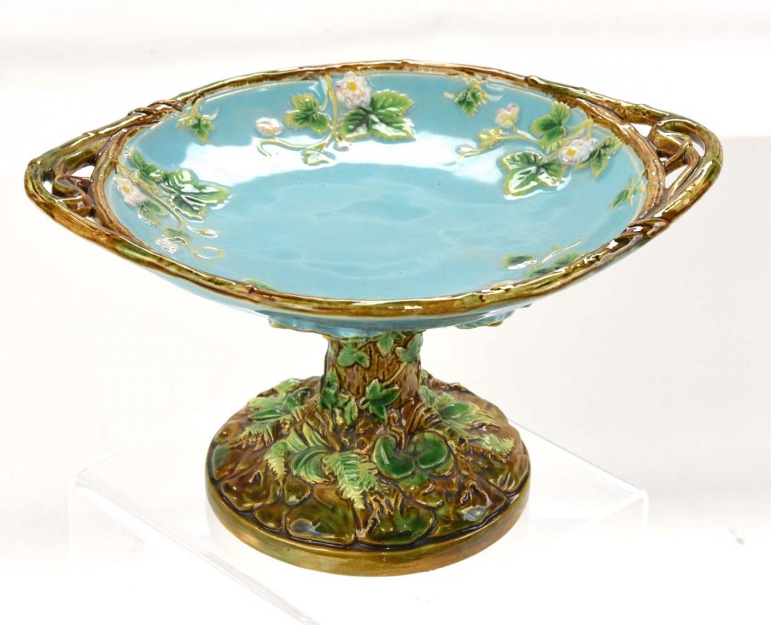 George Jones turquoise floral compote with vine: George Jones turquoise floral compote with vine handles, decorated with acorns and oak leaves on underside, 5"h, 9 1/2"w