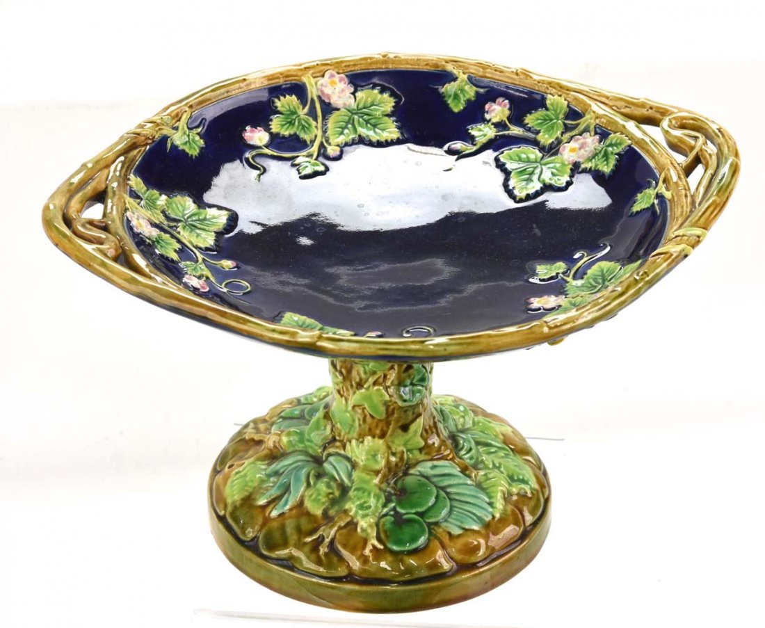 George Jones majolica cobalt compote with vine handles, (1 of 2)