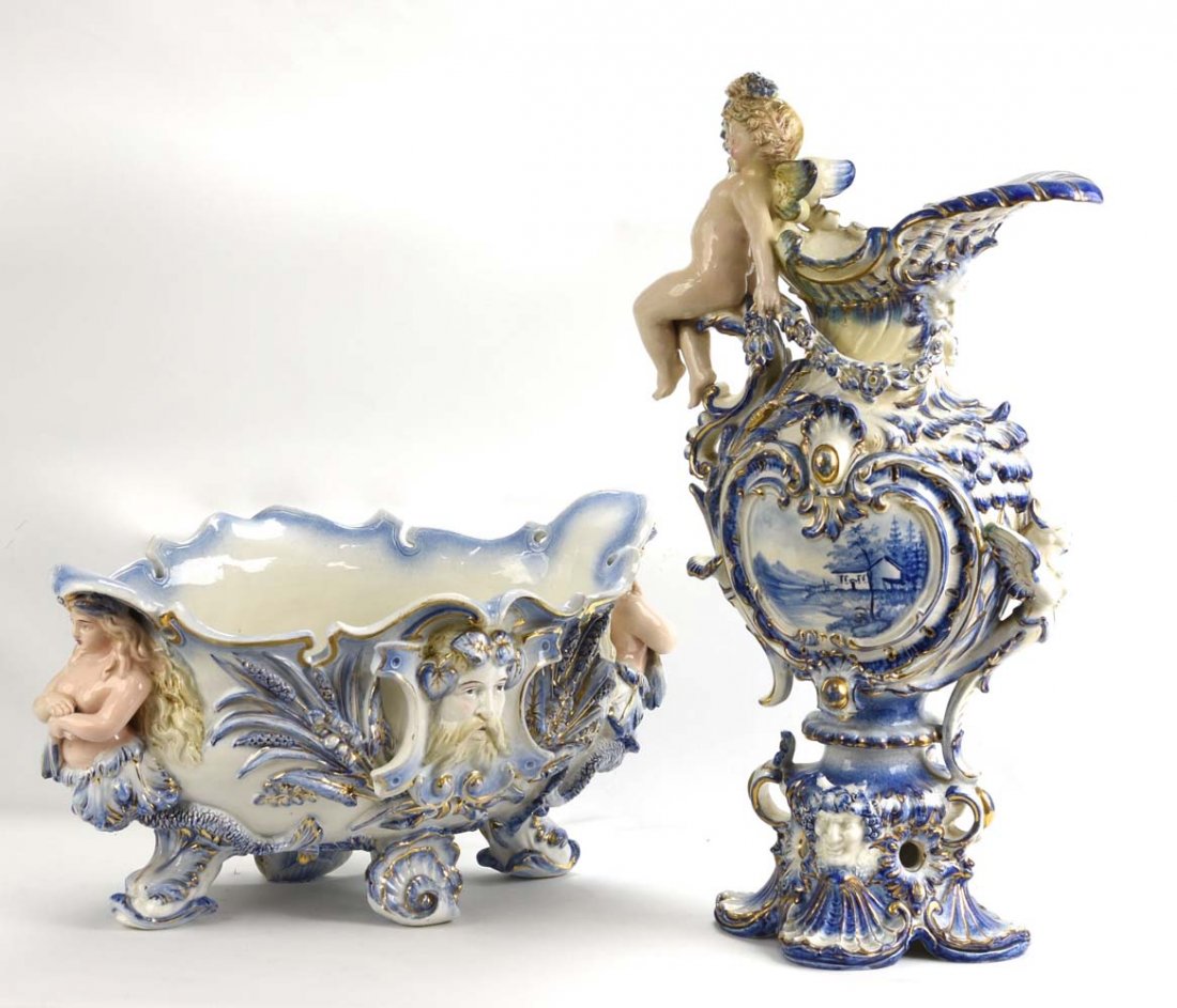 Hugo Lonitz blue and white majolica lot of two pieces - (1 of 1)