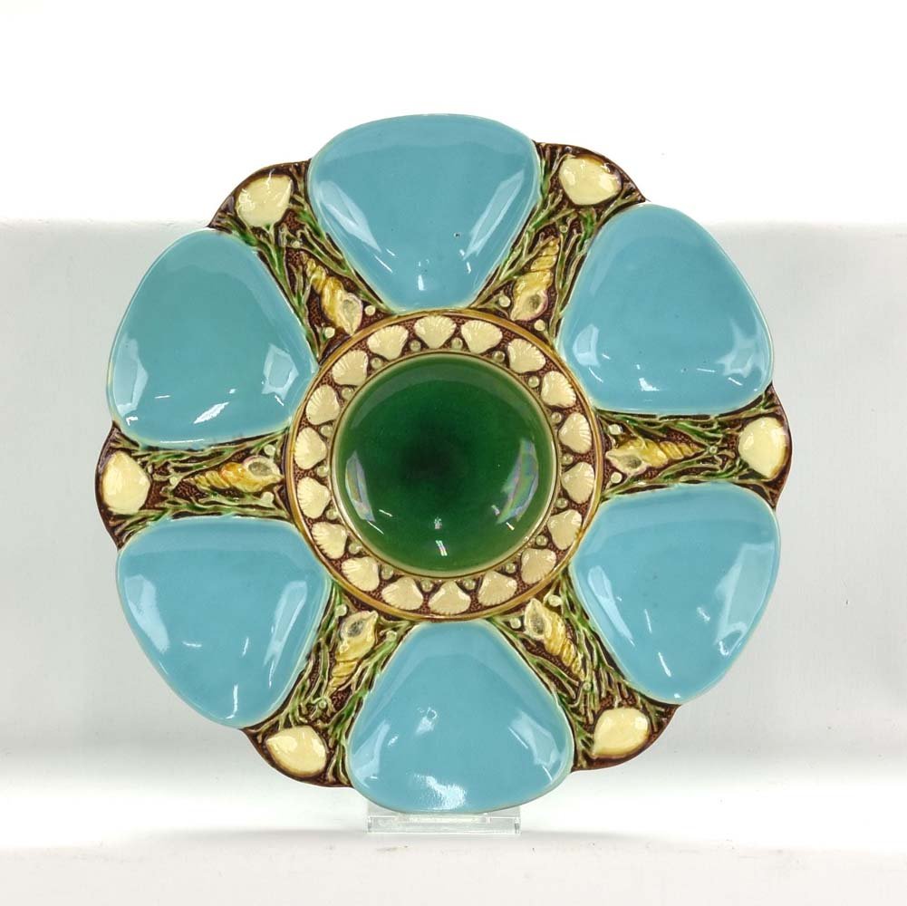 Minton majolica turquoise 6 well oyster plate, no.: Minton majolica turquoise 6 well oyster plate, no. 1323, 9"