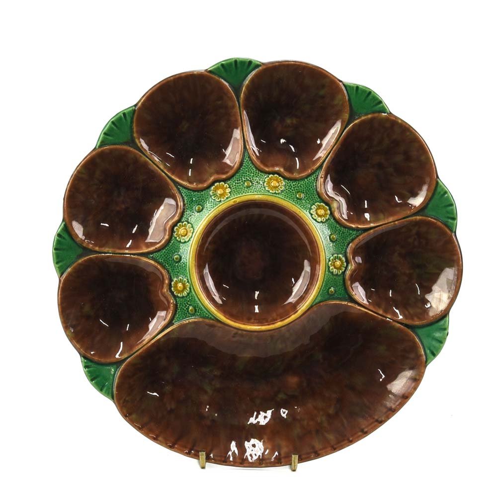 Minton majolica 6 well oyster plate with cracker well,: Minton majolica 6 well oyster plate with cracker well, 9", no. 2245, brown and green