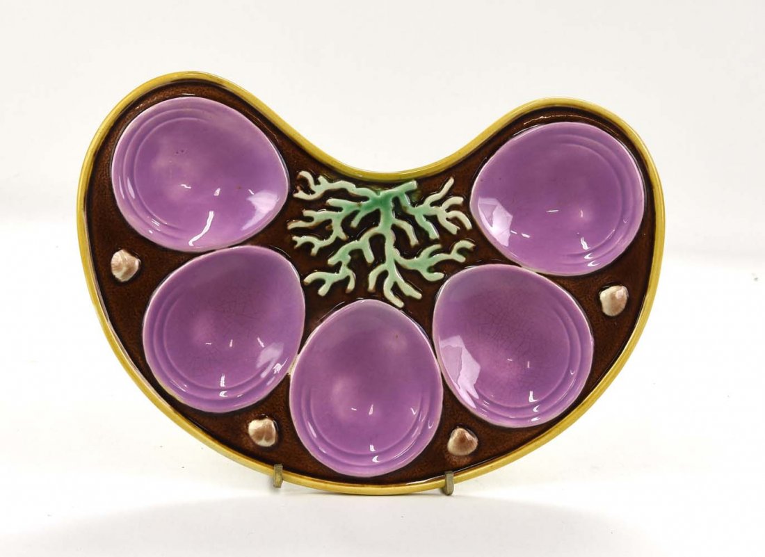 Majolica crescent shape oyster plate with 5 wells, 9 (1 of 1)
