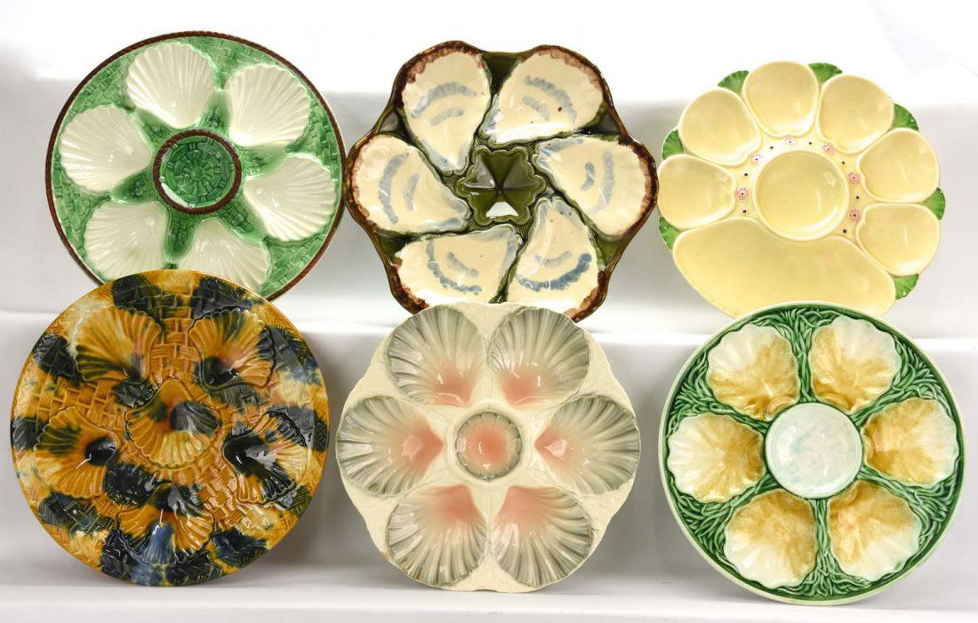 French majolica lot of 6 oyster plates: French majolica lot of 6 oyster plates