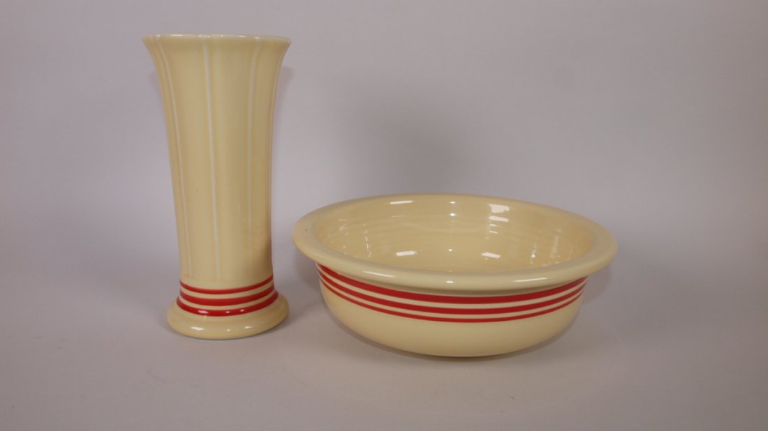 Fiesta Post 86 ivory red stripe vase and nappy bowl (1 of 1)
