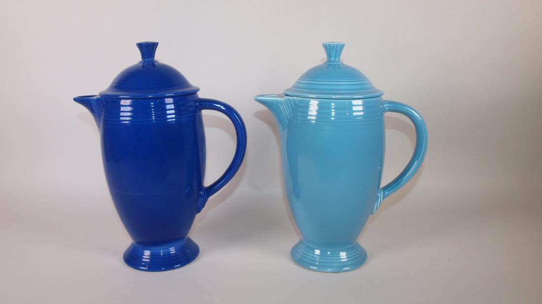 Fiesta coffee pot, cobalt & turquoise, nicks and repair (1 of 1)