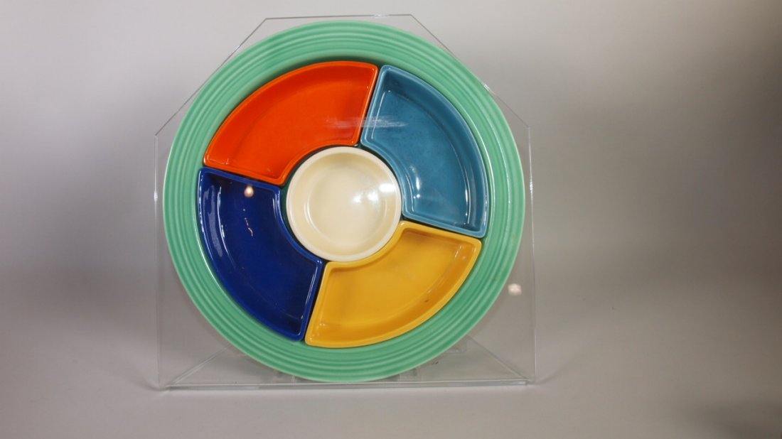 Fiesta relish tray, green tray includes all 6 colors: Fiesta relish tray, green tray includes all 6 colors and plexiglass holder