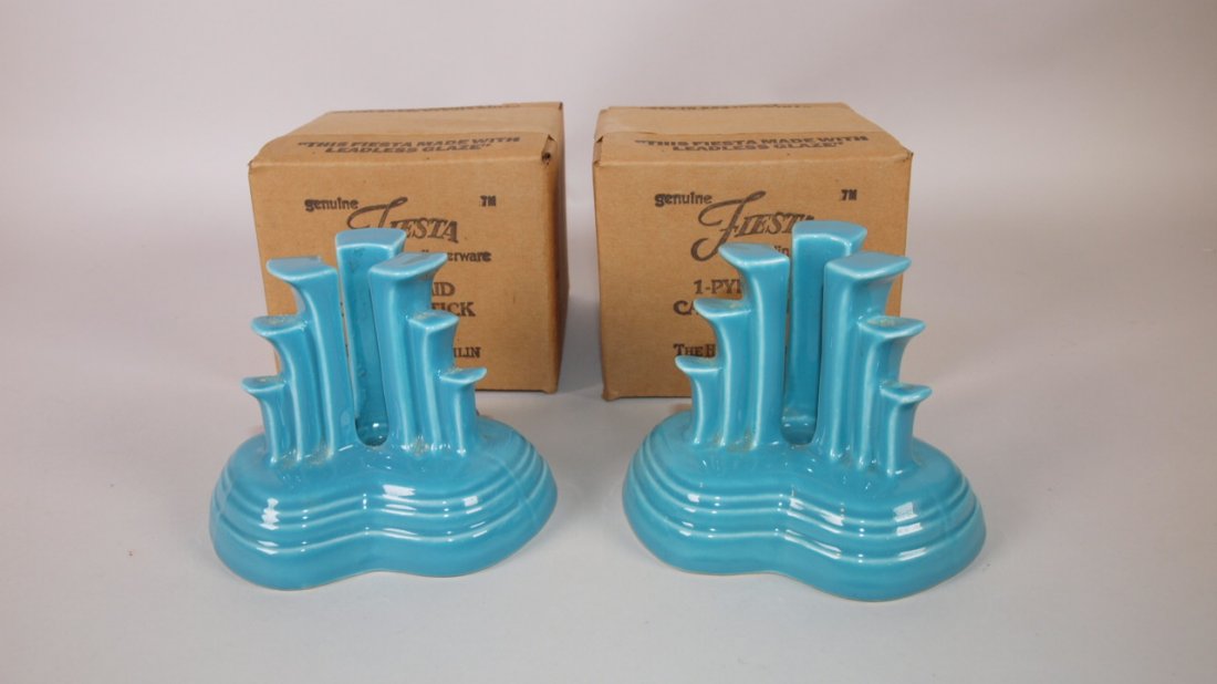 Fiesta Post 86 turquoise pair pyramid candle holders, (1 of 1)