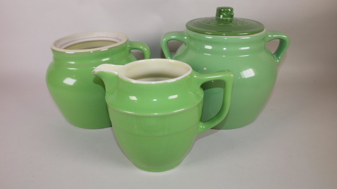Hall China Co green pitcher & 2 bean pots one with no (1 of 1)