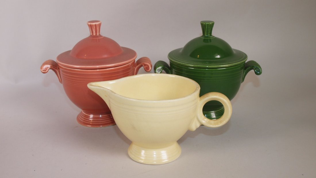 Fiesta ivory creamer and rose & dark green sugar: Fiesta ivory creamer and rose & dark green sugar