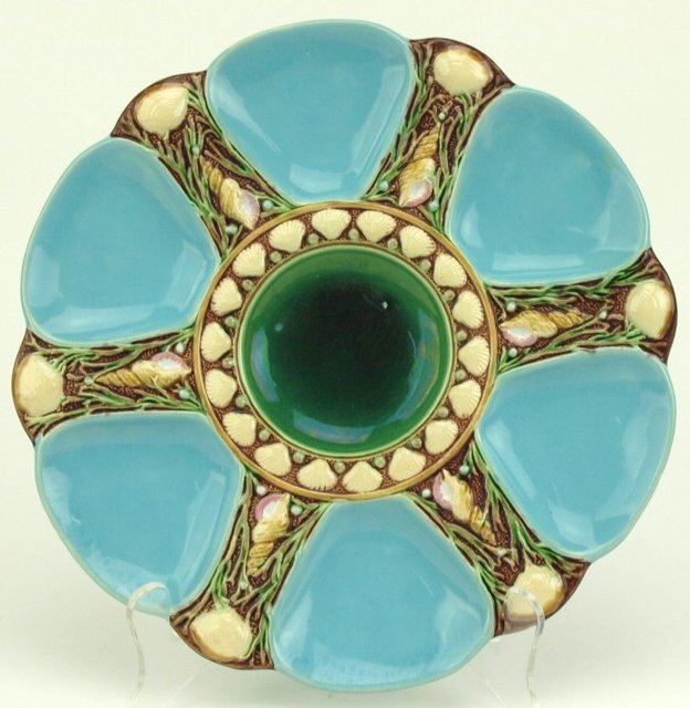 Minton Majolica turquoise 6 well oyster plate, shade: Minton Majolica turquoise 6 well oyster plate, shade no. 1323, 9"