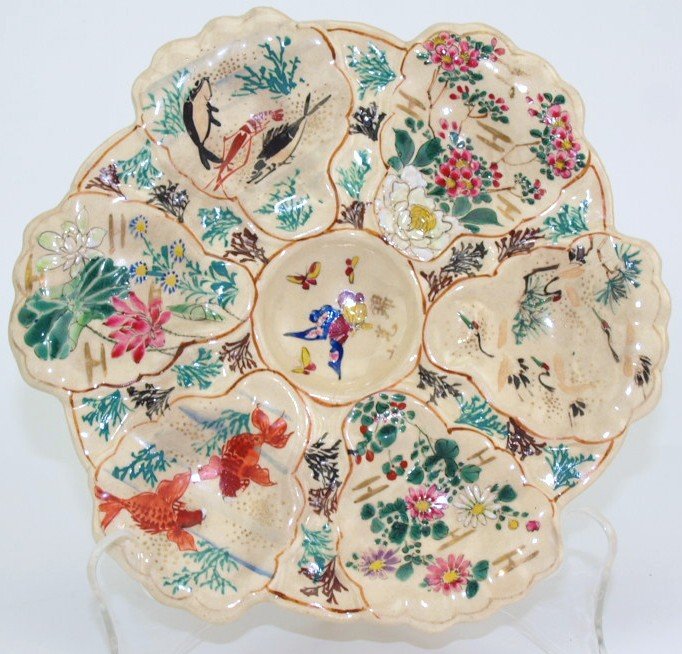 Rare Satsuma 6 Well Oyster Plate With Heavily Decorated