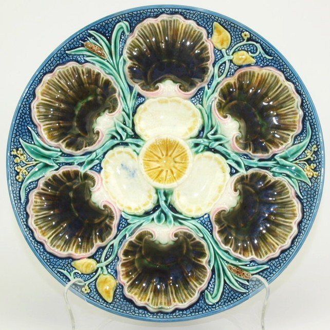 Rorstrand rare Majolica 6 well oyster plate, 11", blue (1 of 1)